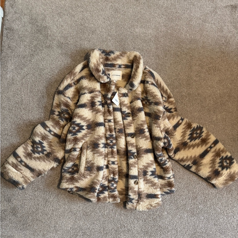 Lucky Brand Cream and Brown Teddy Jacket Plush Faux Fur